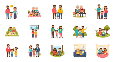 Obraz premium Vector Icons Set of Diverse Families in Various Activities A Collection of Cartoon Illustrations. Vector Illustrations