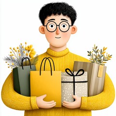 Cheerful Young Man Holding Shopping Bags and Gifts with Yellow Flowers