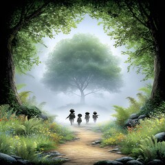 Children Walking Path Towards Misty Forest Tree