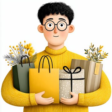 Cheerful Young Man Holding Shopping Bags and Gifts with Yellow Flowers