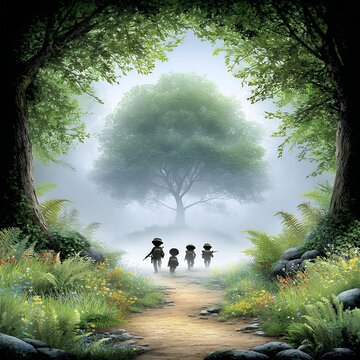 Children Walking Path Towards Misty Forest Tree