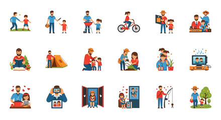 Fototapeta premium Vector Icons Set of Diverse FatherChild Activities Depicted in Colorful Flat Vector Illustrations. Vector Illustrations