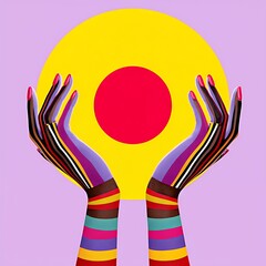 Colorful Hands Holding Bright Circle Abstract Collage