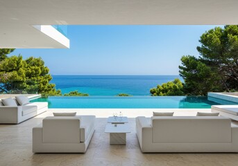 Fototapeta premium Modern villa with infinity pool boasts stunning ocean views