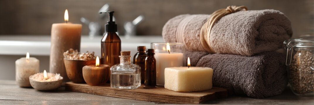 Relaxing Warm Bath Setup With Candles and Oils for a Peaceful Self-Care Experience