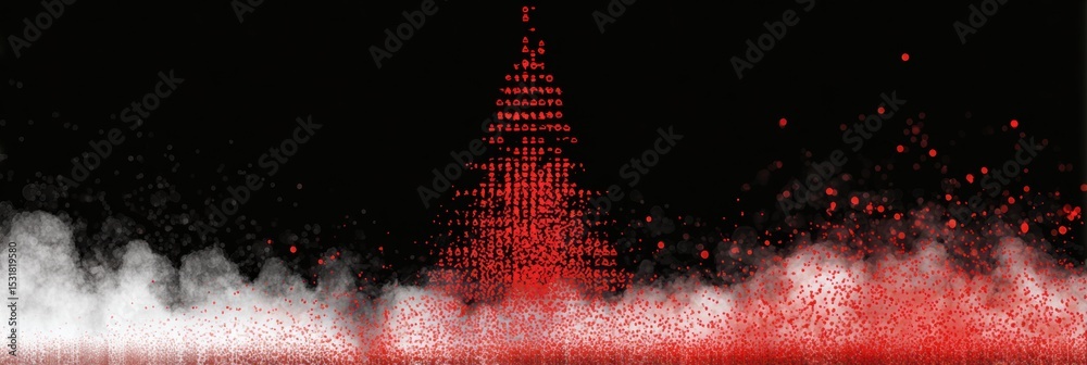 Poster Red Alert Symbols Emerging From Digital Mist in a Dark Environment, Suggesting a Warning or Alert System in Place