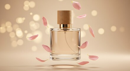 Perfume Bottle with Wooden Cap and Pink Petals on a Soft Background. Mockup Image

