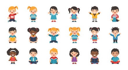 Vector Icons Set of Diverse Group of Cheerful Children in Various Poses and Attire Smiling. Vector Illustrations