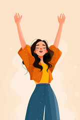 Woman cartoon standing arms raised joyful casual long hair orange shirt