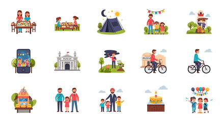 Vector Icons Set of Diverse Illustrations of Family Activities Leisure and Celebrations in Vector Style. Vector Illustrations