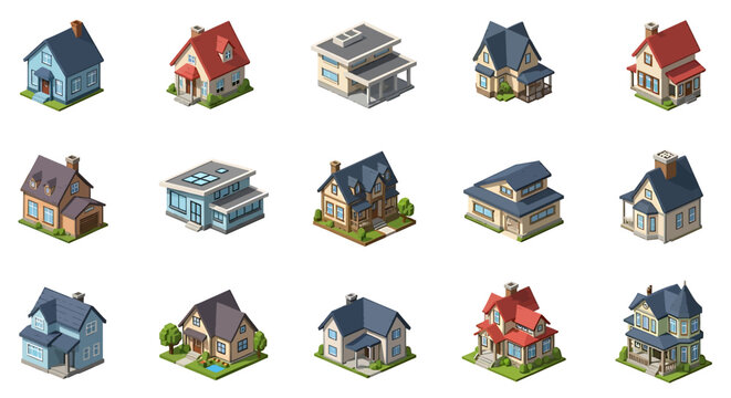 Vector Icons Set of Diverse Isometric House Illustrations Depicting Various Architectural Styles and Designs. Vector Illustrations