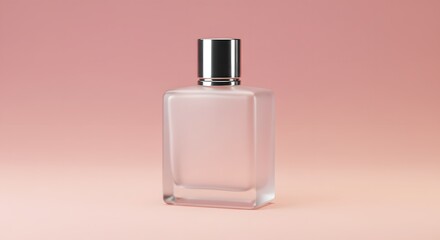 Naklejka premium Elegant Perfume Bottle with Silver Cap on a Pink Background. Mockup Image