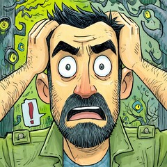 Distressed Man in Surreal Green Foliage Illustration
