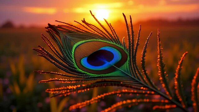 Majestic Peacock Feather at Sunset Symbolizing Lord Krishna for Janmashtami and Govardhan Puja celebrations
