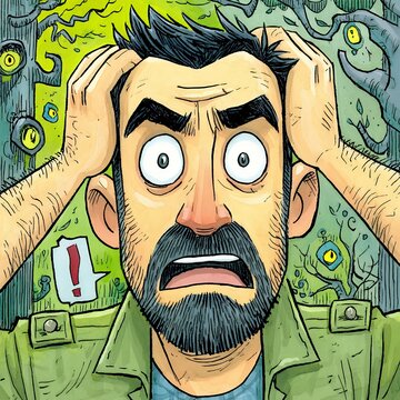Distressed Man in Surreal Green Foliage Illustration