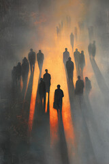 Shadows of people walking in warm sunlight, long silhouettes, mysterious, atmospheric mood