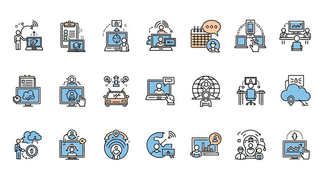 Vector Icons Set of Diverse set of remote work and online communication icons with outline style. Vector Illustrations
