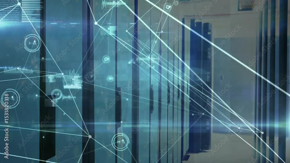 Poster at startup, digital nodes and connecting lines forming over server cabinets, visualizing data flow