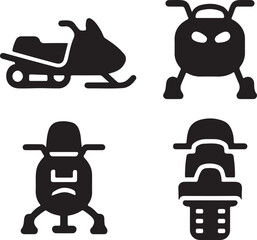 Snowmobile silhouette icons set side, front, back, and top views vector art illustration.
