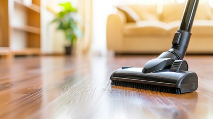 Vacuuming Hardwood Floors in a Bright Living Room
