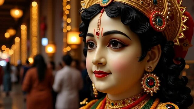 A Devotees Low Angle View of a Krishna Murti Face Close Up in 4K Ultra HD