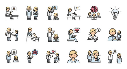 Vector Icons Set of Illustrated Medical Icons Depicting Healthcare Professionals and Patient Interactions. Vector Illustrations