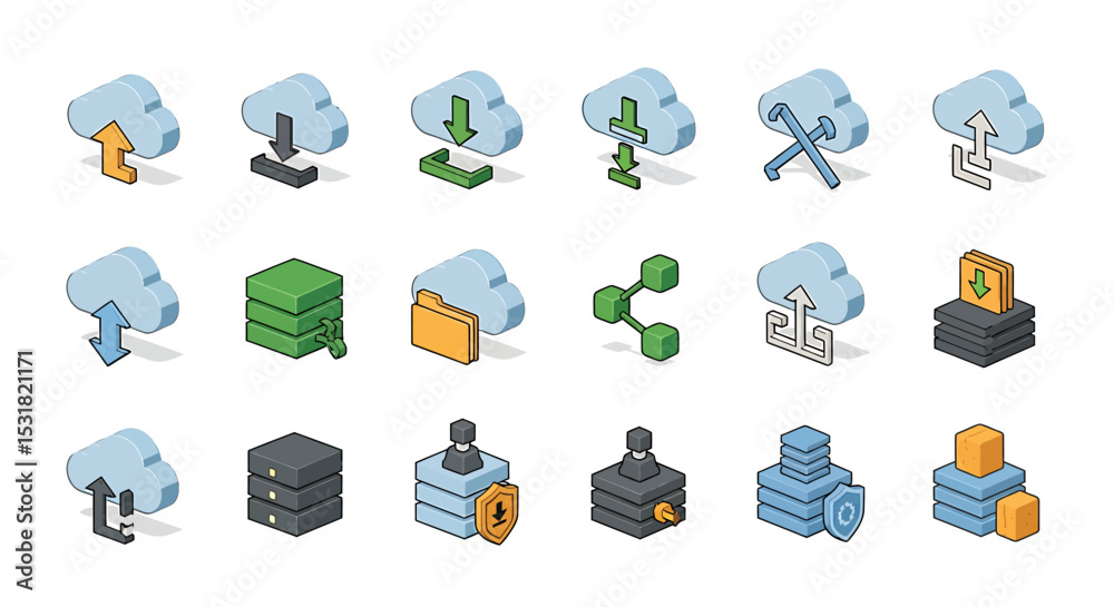 Poster vector icons set of isometric cloud computing icons representing data storage and transfer. vector i