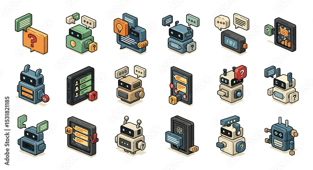 Poster vector icons set of isometric collection of chatbots and interfaces. vector illustrations