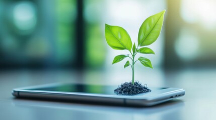 A smartphone screen with a growing plant emerging from it, symbolizing the link between technology 