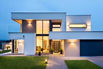 Modern home glows warmly at dusk, a beacon of contemporary design