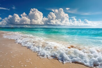 Tropical beach scene with bright blue skies and gentle waves coming ashore, perfect for relaxation.
