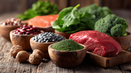 Vibrant arrangement of iron rich foods on rustic wood, showcasing healthy ingredients