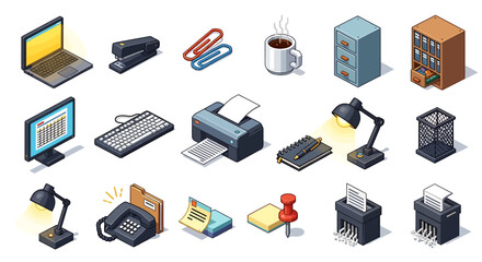 Vector Icons Set of Isometric Collection of Office Supplies and Equipment. Vector Illustrations