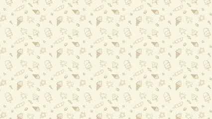 seamless ice cream and candy patterns sweet on pale yellow . line art of candy, ice cream, splash, star cone vector in line art.
