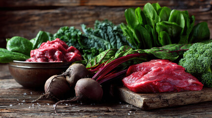 Vibrant arrangement of iron rich foods on rustic wood, showcasing fresh vegetables and meats