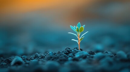 A small, vibrant plant pushing through rocky, barren soil, symbolizing the strength of hope and resilience, on blur background