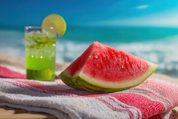Refreshing tropical drink and a watermelon slice resting on a beach towel under the sun.