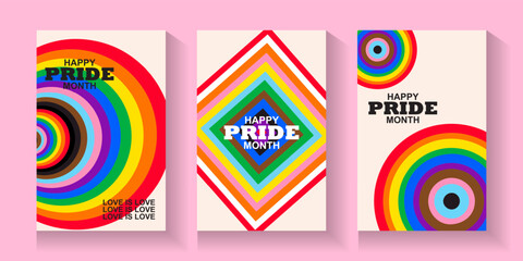 Obraz premium LGBT pride cards, poster, banner, set background. pride month cover with love bear and rainbow colors. Rainbow colored wavy abstract lines. Vector Template for Pride Month, ads promo, post, web,