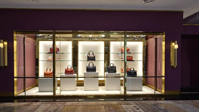 Elegant display of luxury handbags in a stylish boutique with modern decor and soft lighting