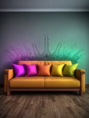 Colorful couch in room with abstract art