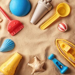 Neatly arranged beach toys waiting to be played with, adding a fun and colorful touch to the beach.