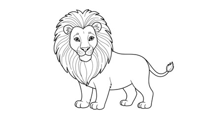 Majestic lion with a beautiful mane stands confidently in a black and white line drawing style illustration for wildlife projects
