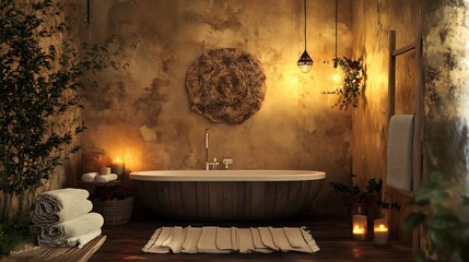Cozy indoor bathtub scene with natural wooden textures soft candle lighting and artistic wall decor