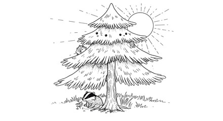 Whimsical forest scene featuring a badger resting under a pine tree with cute animals and a radiant sun illustration