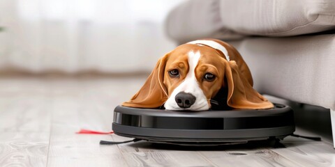 Beagle Riding a Robot Vacuum Cleaner