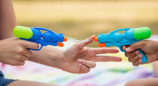 Summer fun kids hands playing water guns spraying water outdoor - Powered by Adobe