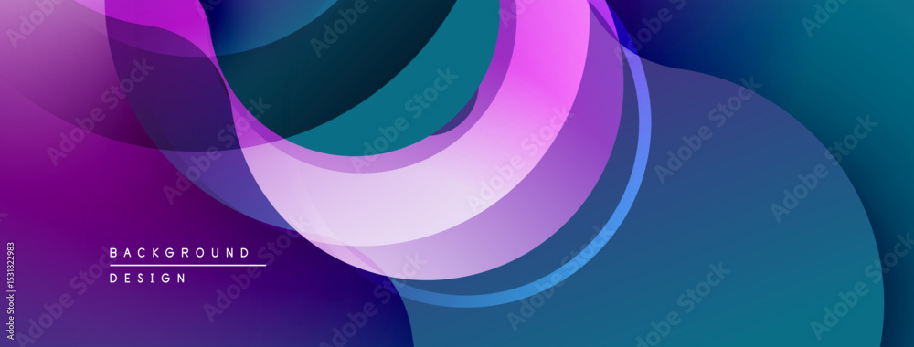 Poster Abstract background features overlapping layers, vibrant purple, blue hues. Smooth gradients create dynamic visual flow. Modern design element.