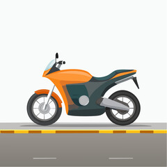 Fototapeta premium A stylized illustration of an orange and teal motorcycle parked on a road.