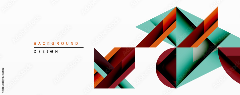 Poster abstract geometric shapes create dynamic composition. red, teal, maroon colors blend, forming modern
