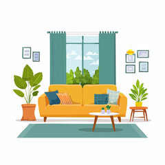 Cozy living room interior with a yellow sofa, plants, and window view of trees and sky.